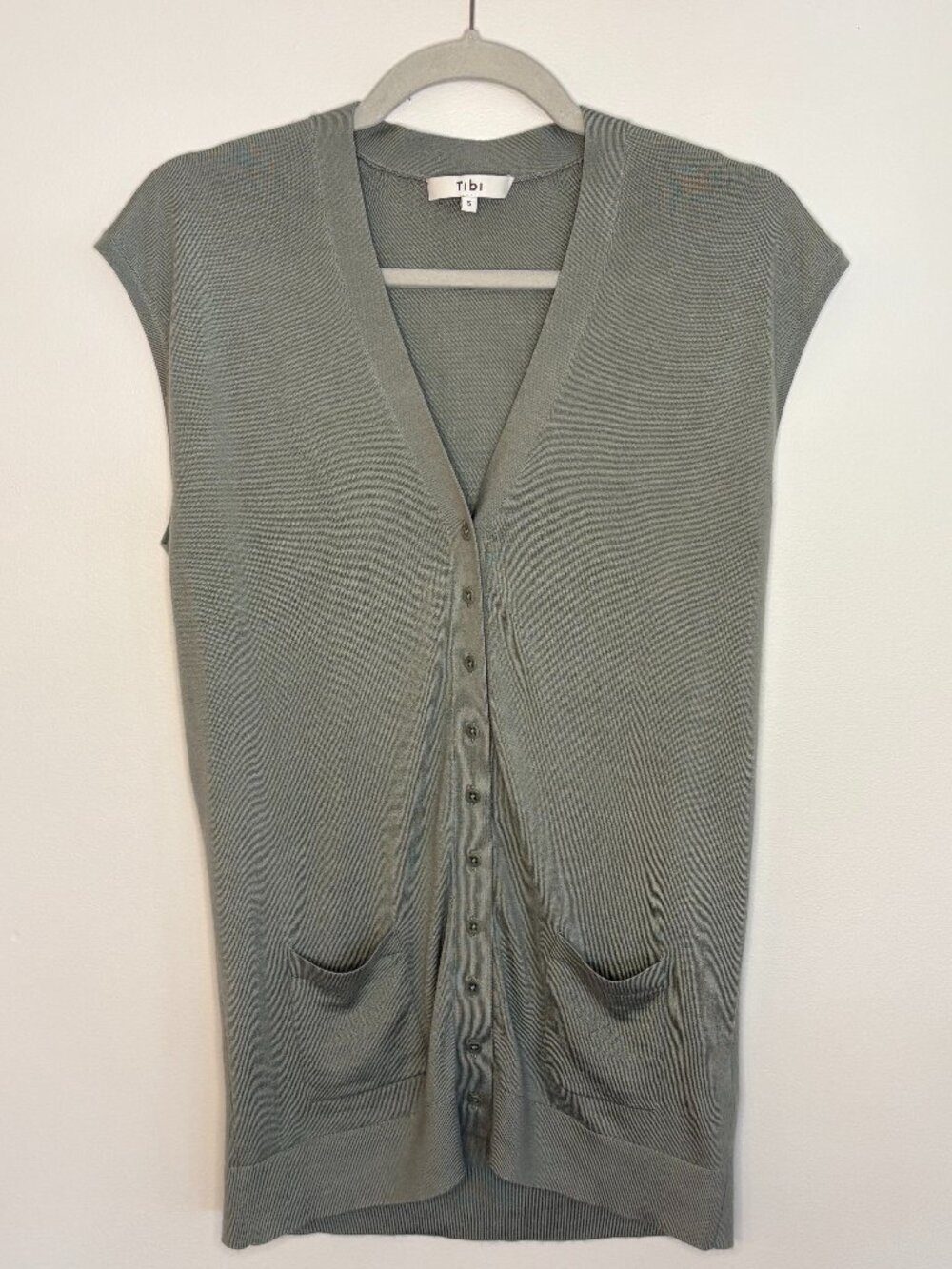 Tibi Sleeveless Button-down Knit Vest, Sage Green, Size Small